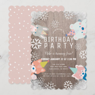 Party Woodland Animals Snowflakes Roze Verjaardag Kaart