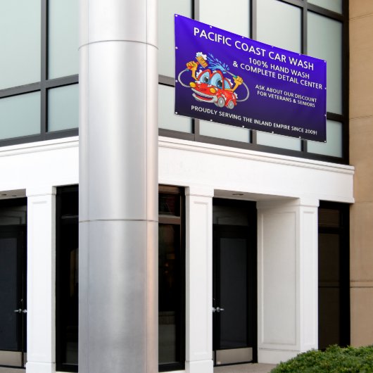 Pas Blauwe Auto Wash Comical Toon Auto Groot aan Spandoek (Buitenkant Gebouw)