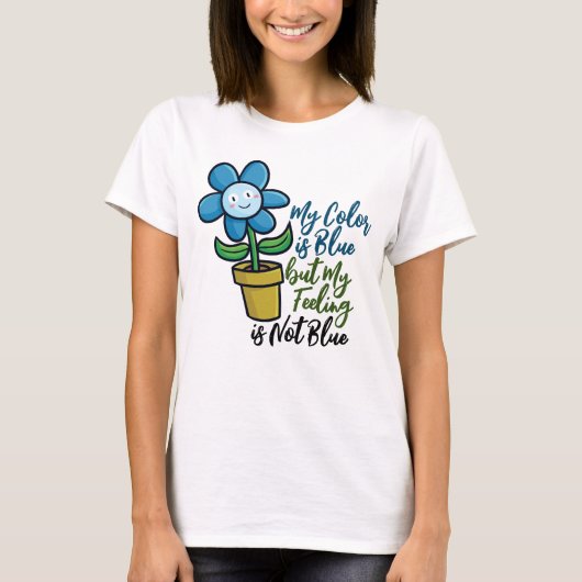 Pas Blauwe Bloem in een pot T-Shirt aan (Voorkant)