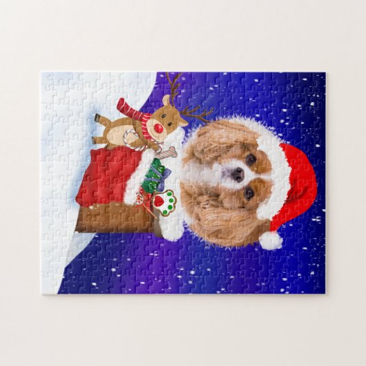Pas Dog Santa Rooftop Reindeur met Geschenken aan Legpuzzel (Horizontaal)
