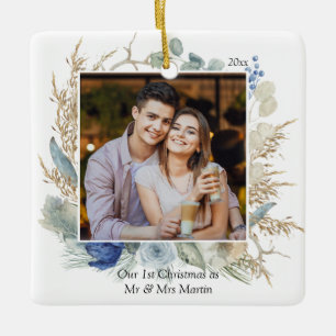 Pas getrouwd 1e Kerstmis Mr. & Mrs Chic Floral Fot Keramisch Ornament