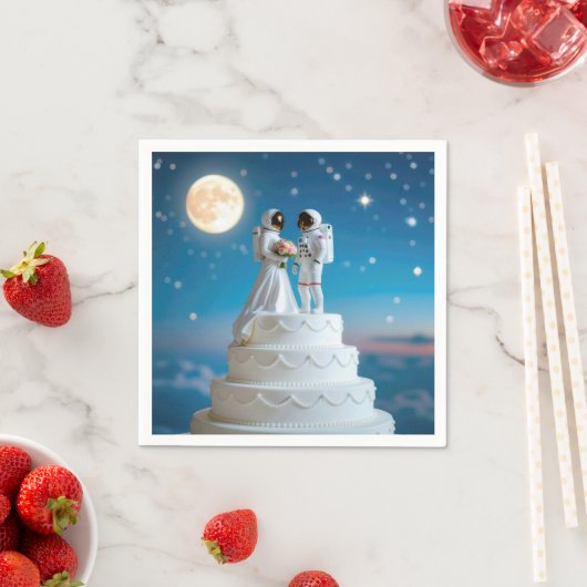 Pas getrouwd astronauten op een bruidstaart servet (Insitu)