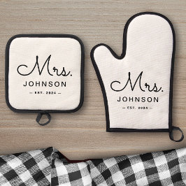 Pas getrouwd bruid gepersonaliseerd wit ovenwant & pannenlap set