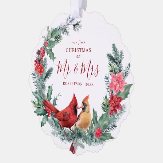 Pas getrouwd Eerste Kerst Kardinalen Krans Foto Ornament Kaart (Links)