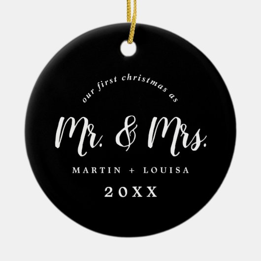 Pas getrouwd eerste kerstbruiloft foto geborsteld keramisch ornament (Voorkant)