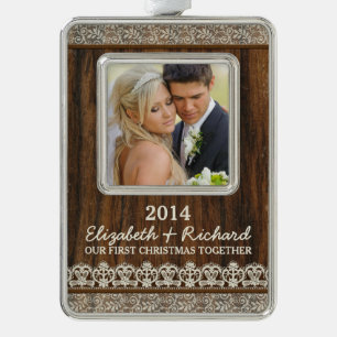 Pas getrouwd eerste kerstfoto rustieke houten kant verzilverd kader ornament