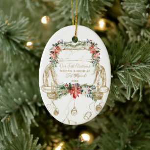 Pas getrouwd Eerste Kerstmis Gouden Floral Car Keramisch Ornament