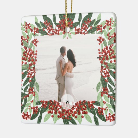 Pas getrouwd Getrouwd Foto Monogram Kerst Lijst Keramisch Ornament (Links)