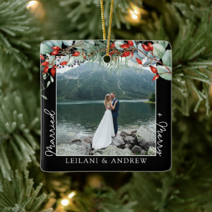 Pas getrouwd Kerstfoto & Waterverf Holly Black Keramisch Ornament