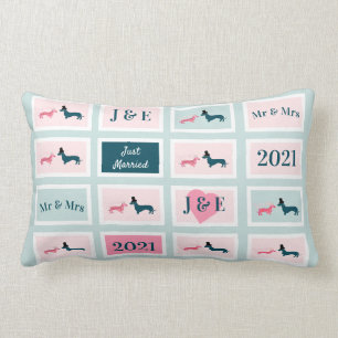 Pas getrouwd Monogram Cute Dachshund Dog Blue Kussen