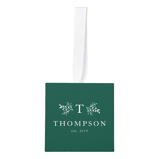 Pas getrouwd monogram groene eerste kerstfoto kubus ornament (Voorkant)