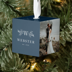 Pas getrouwd monogram navy eerste kerst foto kubus ornament