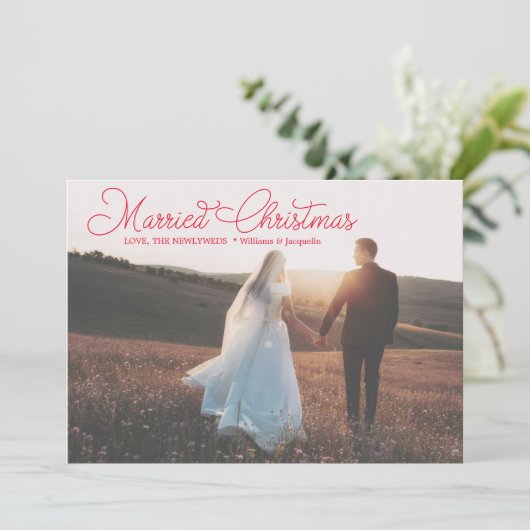 Pas getrouwd voor corresponderende kerstrode-scrip feestdagenkaart (Staand voorkant)