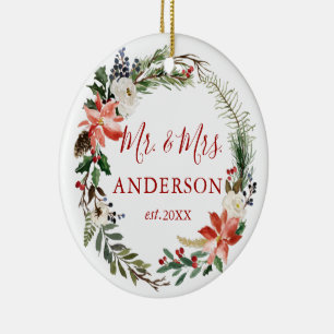 Pas getrouwd Waterverf Floral WreatFOTO BACK Keramisch Ornament