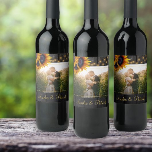 Pas getrouwd - zonnebloemen brutfoto wijn etiket