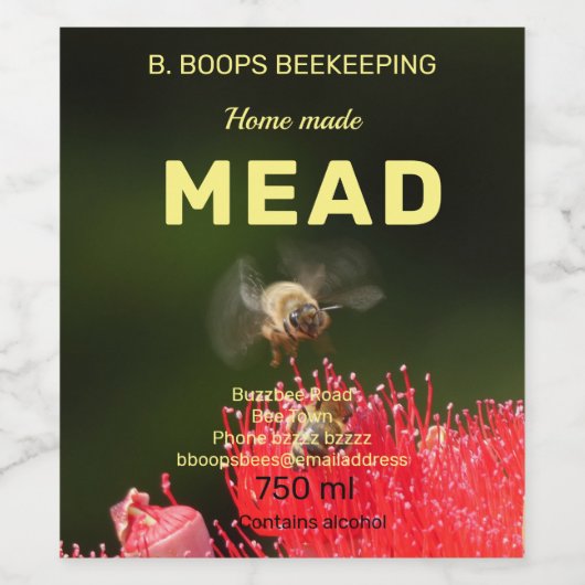PAS HET AAN. BUZZING BEE DESIGN MEAD Honing Wijn Etiket (Enkel label)