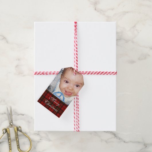 Pas het aan met Uw foto + Red Tartan Cadeaulabel (Met Touw)