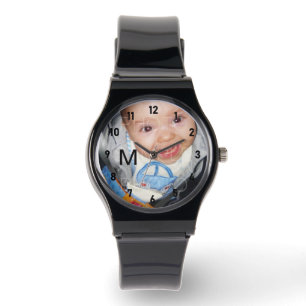 Pas het aan Uw foto monogram zwarte cijfers Horloge