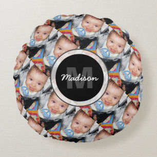 Pas je eigen twee-foto patroon Monogram aan Rond Kussen