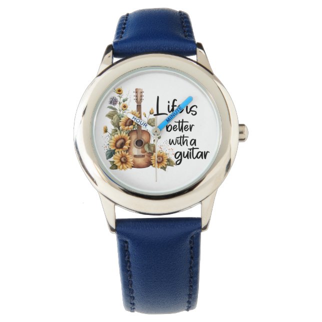 Pas naamgitaar met zonnebloem aan horloge (Voorkant)
