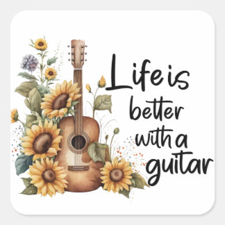 Pas naamgitaar met zonnebloem aan vierkante sticker