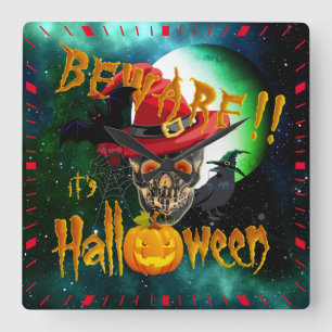 Pas op, het is Halloween Griezelige Schedel & Maan Vierkante Klok