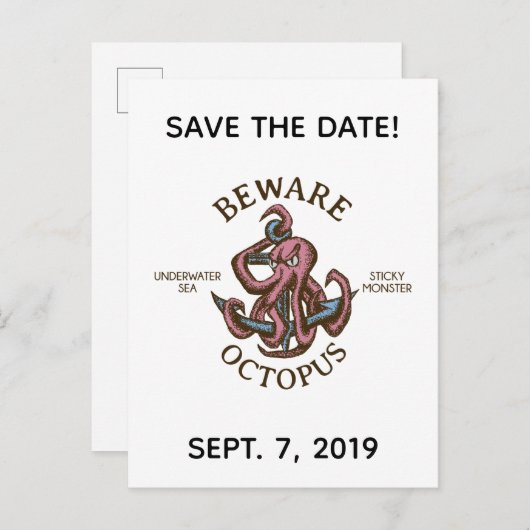 Pas op Octopus Nautical Creature Save the Date Uitnodiging Briefkaart (Voorkant / Achterkant)