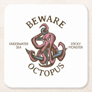 Pas op Octopus Nautisch Wezen Tentakel Monster Vierkante Kartonnen Onderzetter