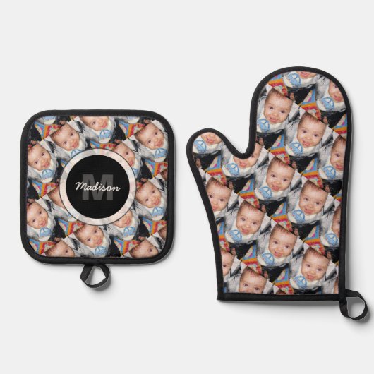 Pas uw aangepaste twee fotopatroon Monogram aan Ovenwant & Pannenlap Set (Voorkant)