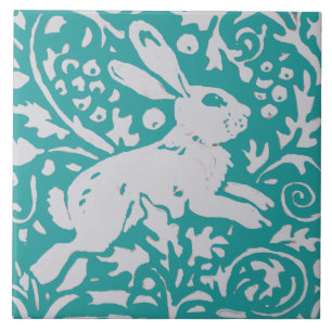 Pasen Blauwgroen Blauwe Konijn Bunny Floral Natuur Tegeltje