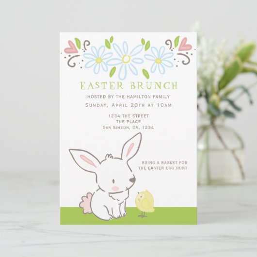 Pasen Brunch Bunny en griet met lentbloemen Kaart (Staand voorkant)