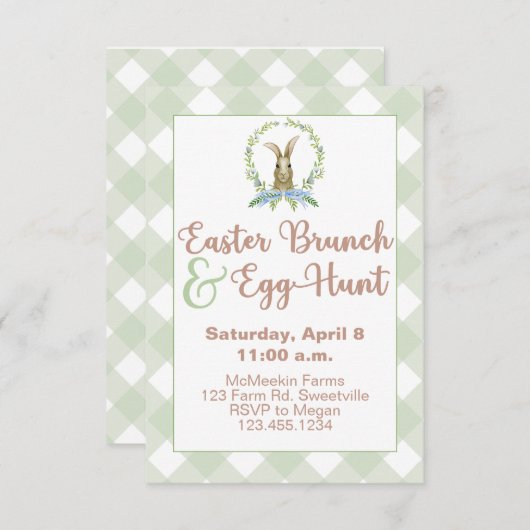 Pasen Brunch en Egg Hunt Rabbit Invitation Gingham Kaart (Voorkant / Achterkant)