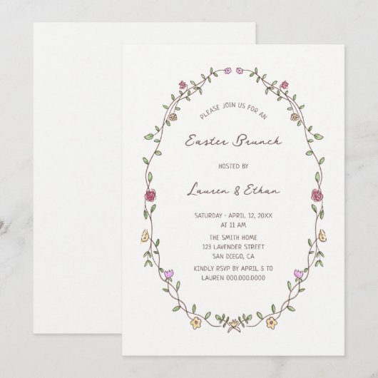 Pasen Brunch Hand getrokken Bloemen Krans Kaart (Voorkant / Achterkant)