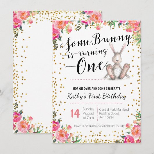 Pasen Bunny Birthday Floral Kaart (Voorkant / Achterkant)