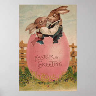 Pasen Bunny Couple Kissing Painted Colored Egg Poster