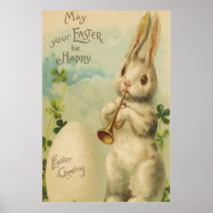 Pasen Bunny Egg Four Leaf Clover Trumpet Poster