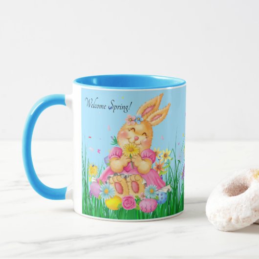 Pasen Bunny in roze lentesbloemen Gift Mok (Met donut)