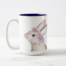 Pasen Bunny met bloeiende kroon. (Navy) Tweekleurige Koffiemok