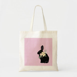 Pasen Bunny Rabbit Silhouette Flowers Houndstooth Tote Bag