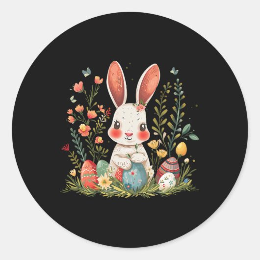 Pasen Bunny Rabbit Women Happy Bunny Flower Graph Ronde Sticker (Voorkant)