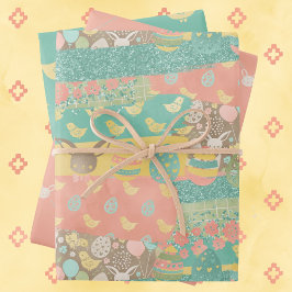 Pasen Collectie van 3 Giftwrap Bunny Chick Inpakpapier Vel