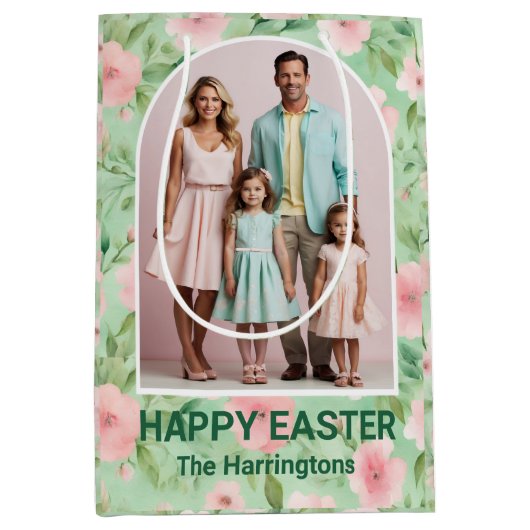Pasen Custom Foto Pastel Roze & Groene Bloemen Medium Cadeauzakje (Voorkant)