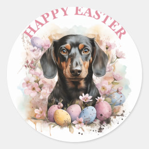Pasen Dachshund Chocolade Eieren en Bloemen - Ronde Sticker