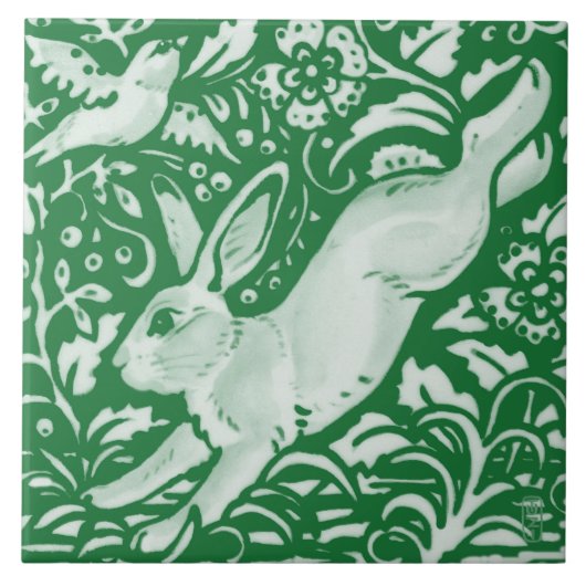 Pasen Emerald Green Leaping Rabbit Floral Garden Tegeltje (Voorkant)