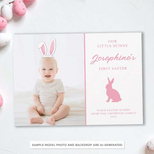 Pasen-foto kaart voor baby's 1e met roze konijneno