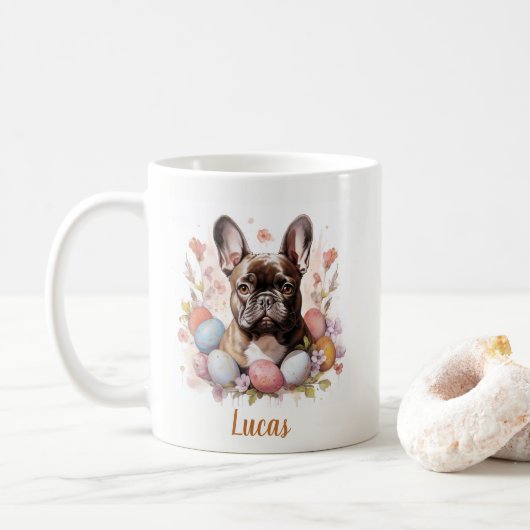 Pasen Franse Bulldog eieren en bloemen - Koffiemok (Met donut)