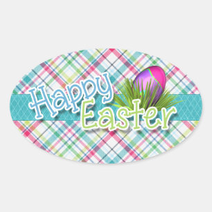 Pasen - "Happy Easter" Word Art over stripes Ovale Sticker
