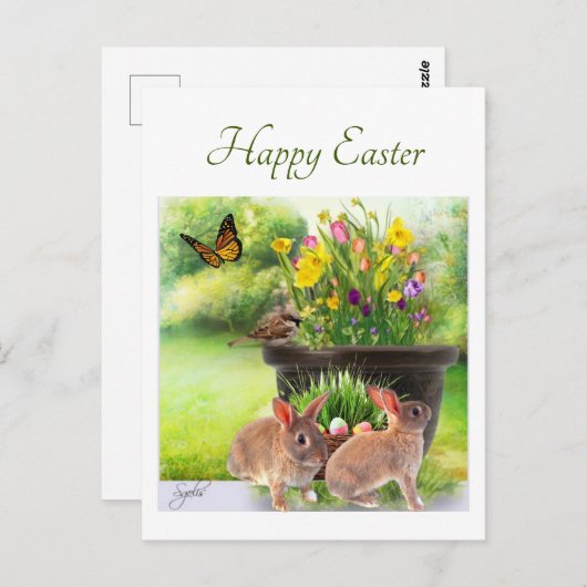 Pasen Konijn en Lente Bloemen Ansichtkaart Briefkaart (Voorkant / Achterkant)