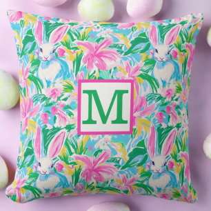 Pasen lente konijntjes bloemen Preppy Monogram Kussen
