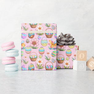 Pasen-mandjes en eieren motief - zacht roze cadeaupapier